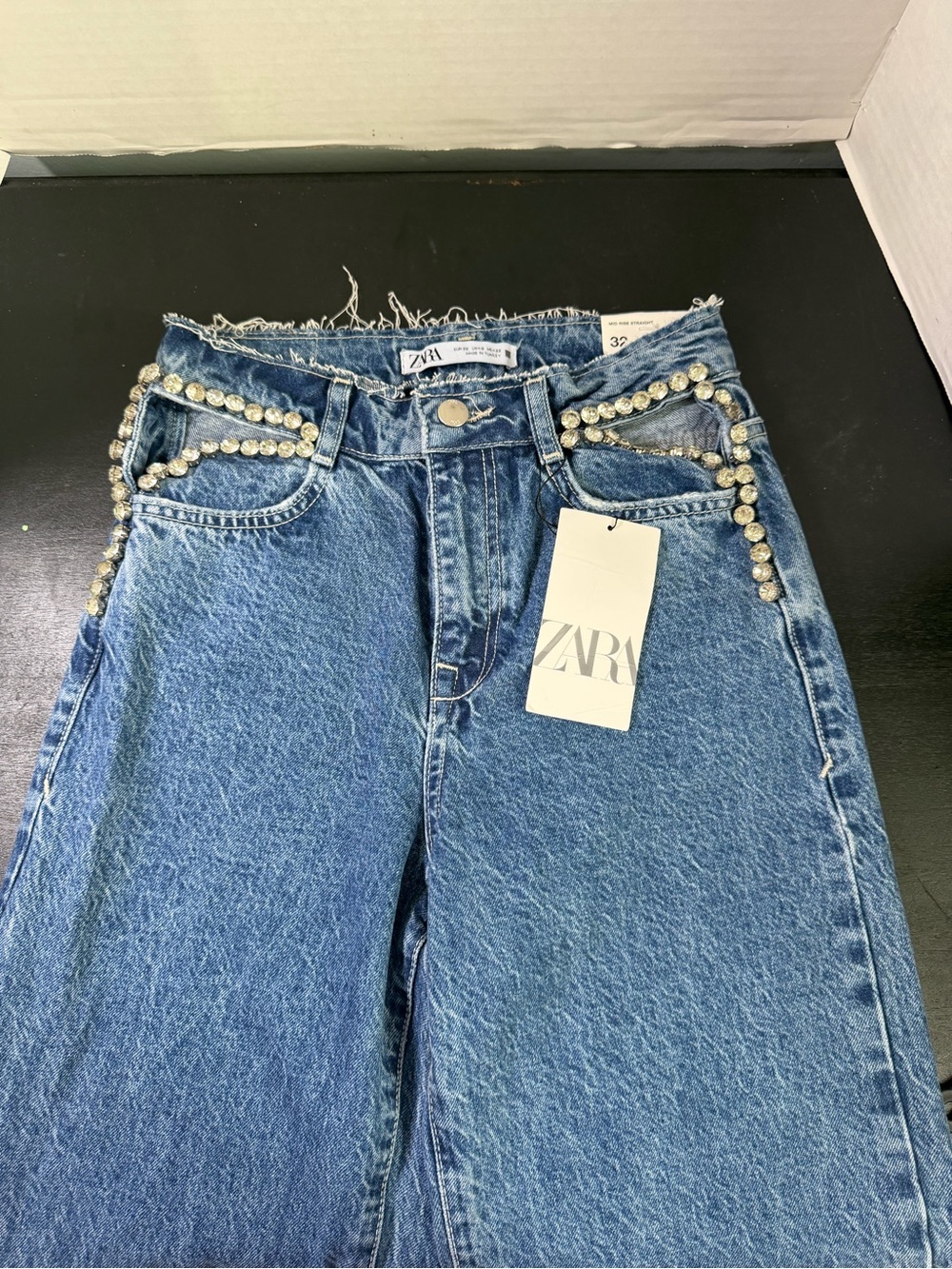 ZARA Women's Light Blue Denim Jeans with Crystal Embellishment